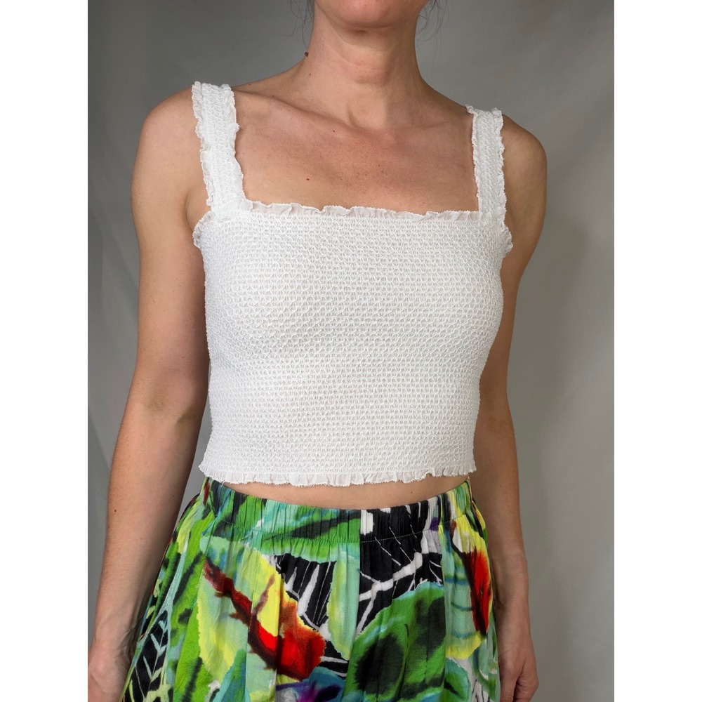 Alice + Olivia White Smocked Cotton Silk Ruffle Crop Top Sleeveless Tank Cami M - Picture 12 of 14